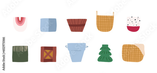 Set of cute hand drawn plant pots, vases, baskets and buckets - flat vector illustration isolated on white background. House decorations, wicker basket for storage, houseplant pot.