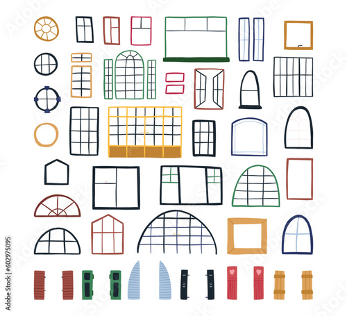 Big collection of hand drawn windows, cartoon flat vector illustration isolated on white background. Various windows - modern and retro, big, small and circled. House exterior element.