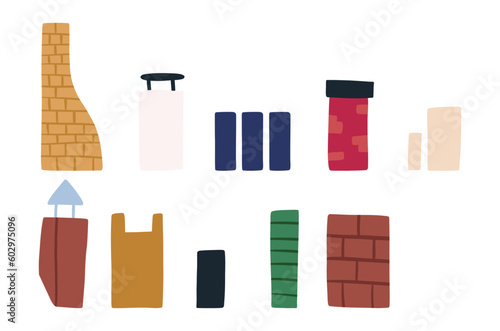 Set of various chimney pipes, hand drawn flat vector illustration isolated on white background. Fireplace element, rooftop pipe. Collection of cute brick pipes.