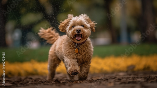 happy dog taking a walk in the park, autumn, cute, created with generative AI