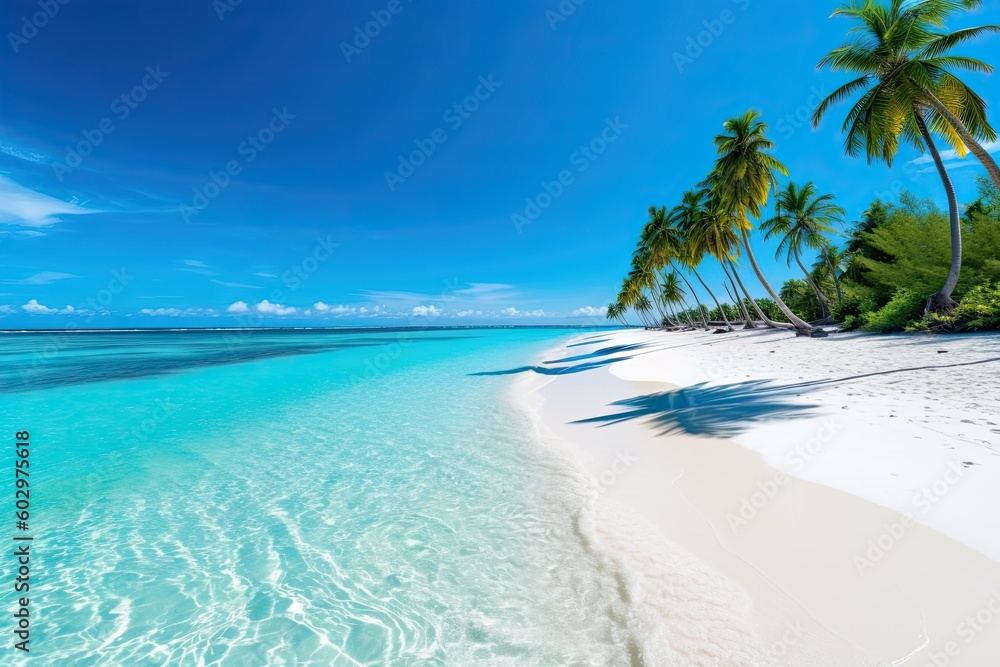 Naklejka premium Beautiful stunning beach summer concept with chair white sand and blue skies. Generative AI