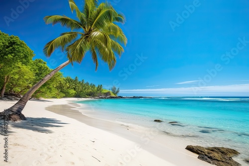Beautiful stunning beach summer concept with chair white sand and blue skies. Generative AI © AI Farm