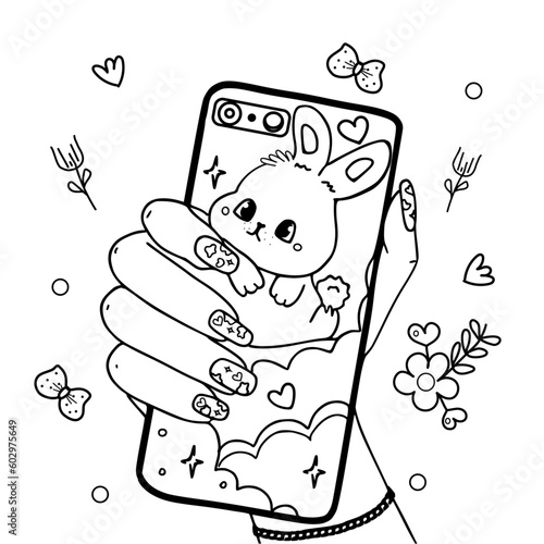 vector black and white coloring page, a cell phone in hand and a case with a rabbit and doodles