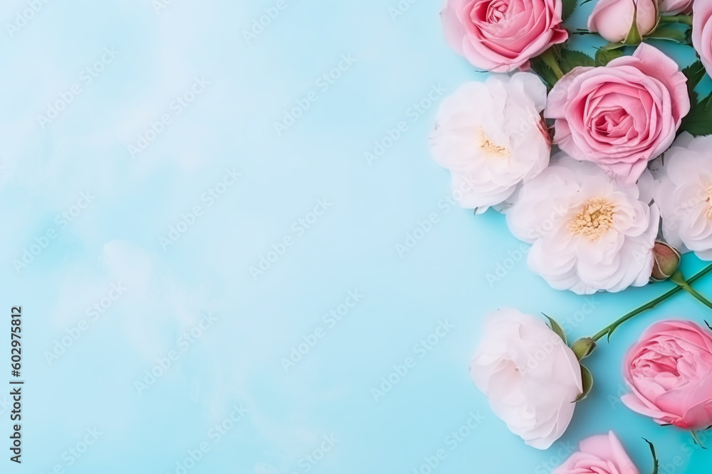 Bouquet of blossom roses on blue background, 8 march, woman's day, mother's day concept banner with empty space for text