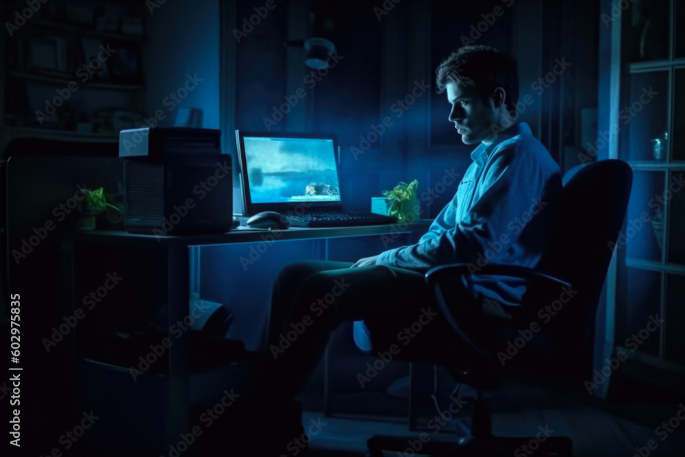A Man In A Dark Room Behind A Bright Blue Computer Screen With A Crooked Back Created With The Help Of Artificial Intelligence A Man In A Dark Room Behind A Bright Blue Computer Screen With A Crooked Back Created With The Help Of Artificial Intelligence