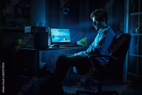A Man In A Dark Room Behind A Bright Blue Computer Screen With A Crooked Back Created With The Help Of Artificial Intelligence