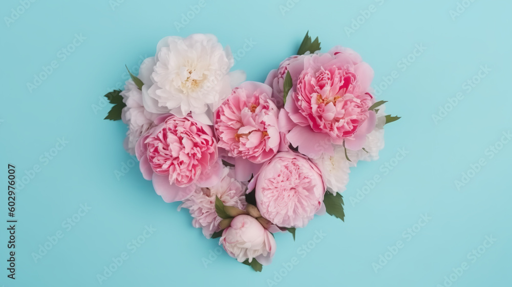 Peonies bouquet heart shape box on blue background, good for wedding, invitation, woman's day, mother day decoration Peonies bouquet heart shape box on blue background, good for wedding, invitation, woman's day, mother day decoration