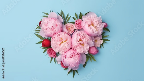 Peonies bouquet heart shape box on blue background  good for wedding  invitation  woman s day  mother day decoration