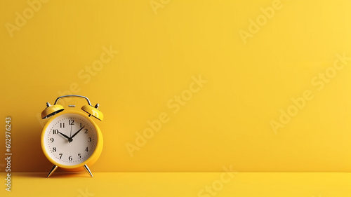 ringing twin bell vintage yellow classic alarm clock on yellow background with empty space for text