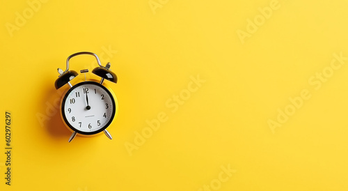 ringing twin bell vintage yellow classic alarm clock Isolated on yellow pastel background with copy space