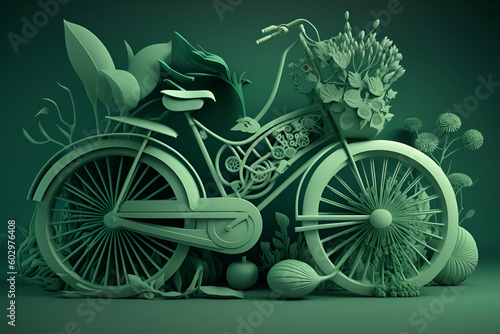 Ecological transport  nature conservation  clean air. Bike green with plants and flowers  in the style monochromatic  organic compositions. Generate Ai. Generative AI