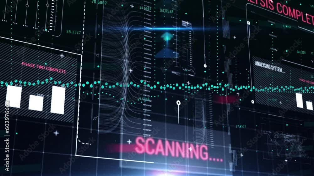 Animation of interface with data processing and blue light spot against black background Animation of interface with data processing and blue light spot against black background
