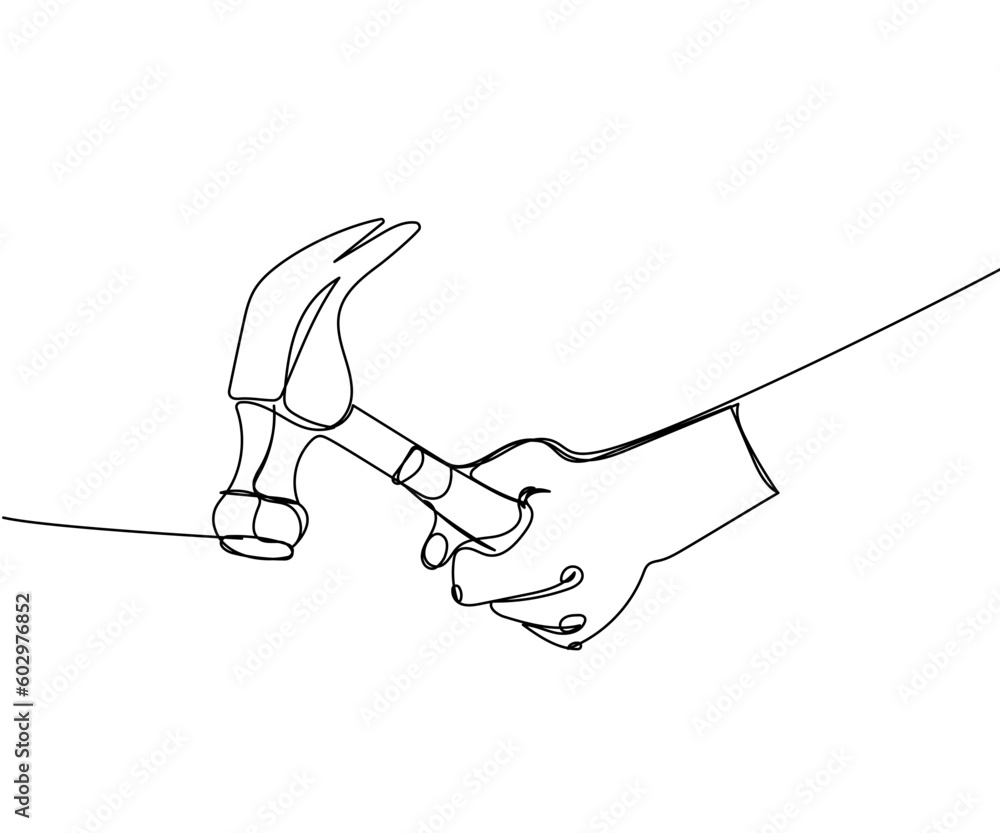 Hammer in hand, hit, repair, smash one line art. Continuous line