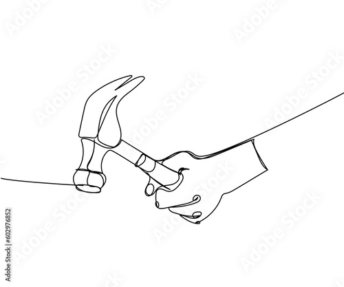 Hammer in hand, hit, repair, smash one line art. Continuous line drawing of equipment, industry, carpentry, metal, worker, hardware, instrument, service, workshop, steel, mechanic, construct