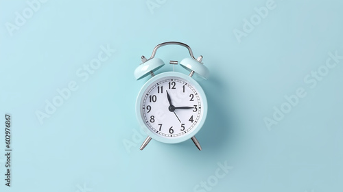 Retro alarm clock on blue background. Old fashioned alarm clock