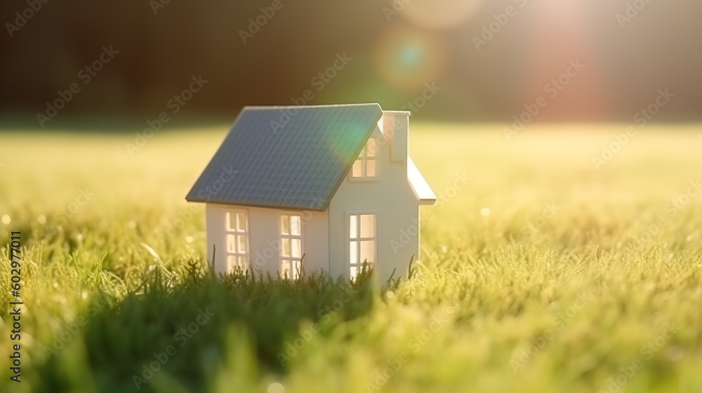 Miniature Dwelling: Wooden House Model Set amidst Verdant Grass Miniature Dwelling: Wooden House Model Set amidst Verdant Grass