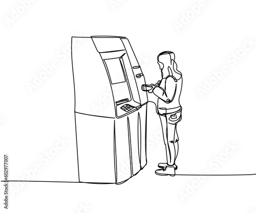 Woman withdrawing money from an ATM, cash machine, bank one line art. Continuous line drawing of bank, money, finance, financial, payment, data, savings, economic, wealth, credit
