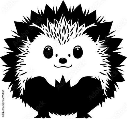 Very cute adorable hedgehog vector illustration | Silhouette of a fluffy hedgehog, black and white