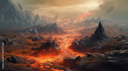 Desolate Volcanic Wasteland, Fantasy Background, Concept Art, Digital Illustration, Generative AI