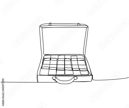 Suitcase with money, winnings, bribe, ransom money, cash, dollars, hryvnia, euro one line art. Continuous line drawing of bank, finance, financial, payment, data, savings, economic, wealth, credit