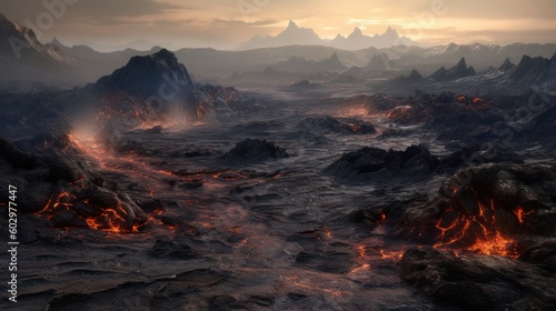 Desolate Volcanic Wasteland, Fantasy Background, Concept Art, Digital Illustration, Generative AI