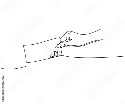 Banknote in hand, 100 dollars, hryvnia, euro one line art. Continuous line drawing of bank, money, finance, financial, payment, data, savings, economic, wealth, credit