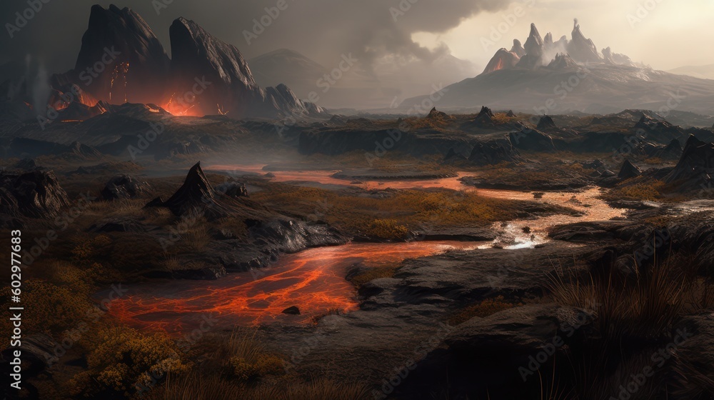 Desolate Volcanic Wasteland, Fantasy Background, Concept Art, Digital Illustration, Generative AI
