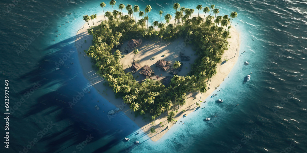 Exotic romantic island, aerial view, generative ai