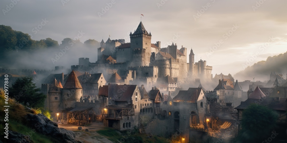 Medieval town with castle, generative ai
