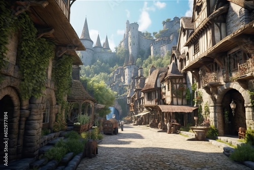 Picturesque quaint European town with charming medieval houses, generative ai