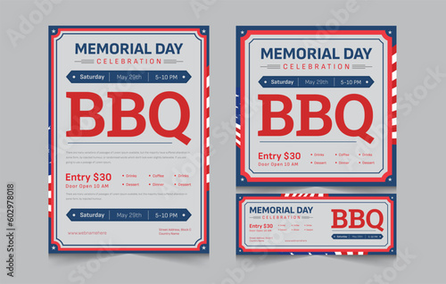Set of banner for memorial day bbq party invitation, memorial day barbeque invitation, flyer and facebook cover vector illustration eps 10