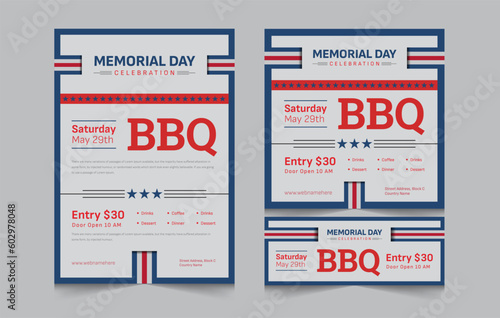 Set of banner for memorial day bbq party invitation, memorial day barbeque invitation, flyer and facebook cover vector illustration eps 10