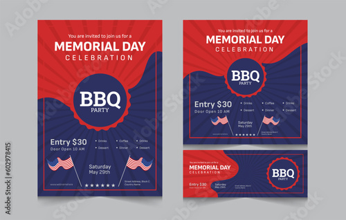 Set of banner for memorial day bbq party invitation, memorial day barbeque invitation, flyer and facebook cover vector illustration eps 10