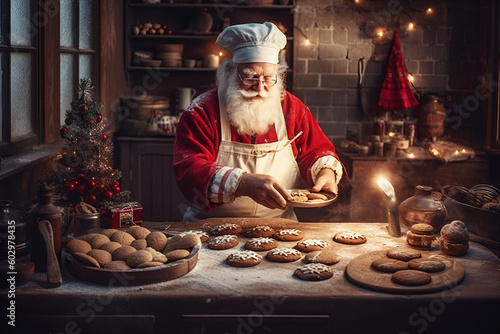 Santa Claus bakes Christmas cookies in his magical kitchen. Generated AI