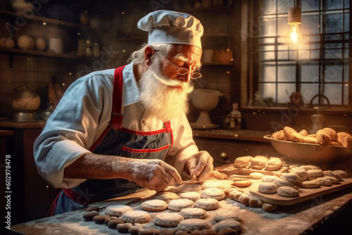 Santa Claus bakes Christmas cookies in his magical kitchen. Generated AI
