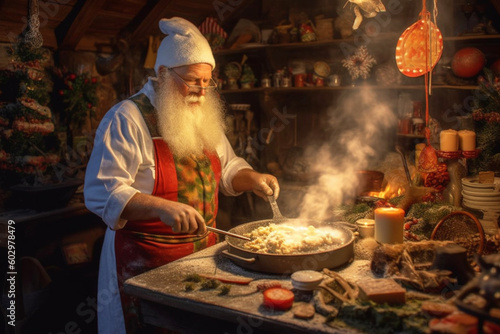 Santa Claus is preparing a delicious Christmas dinner standing at the kitchen table near the fireplace. Generated AI
