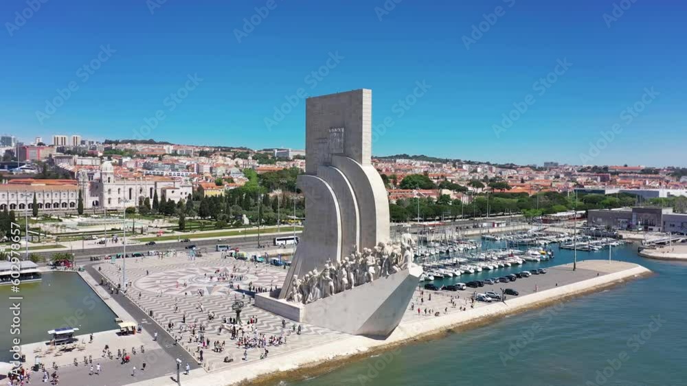 Aerial video of Padrao dos Descobrimentos Lisbon Portugal