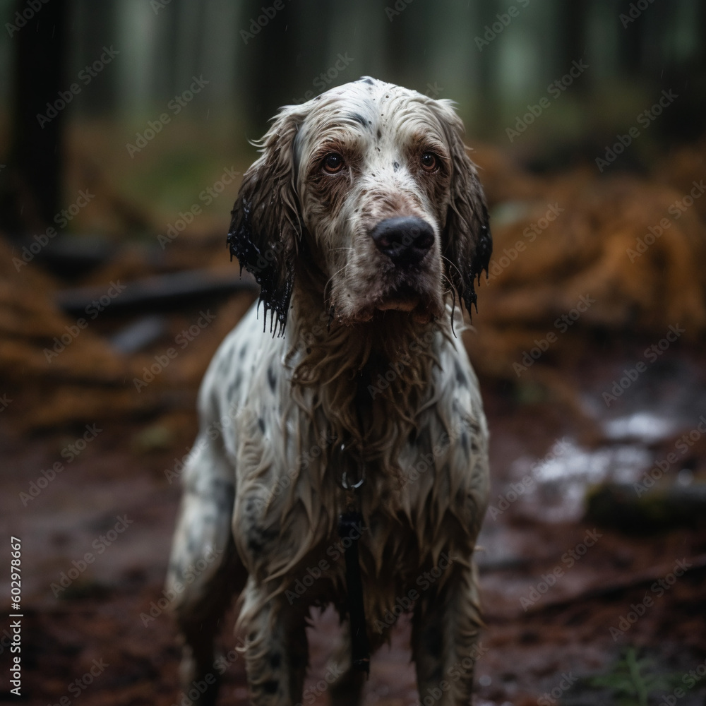 English Setter dog after hunting in the forest covered in mud created with generative AI tools