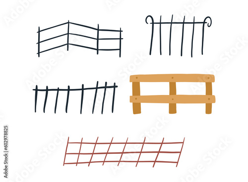 Hand drawn fences set, cartoon flat vector illustration isolated on white background. Various fences for garden and city exterior. Farm and countryside elements.