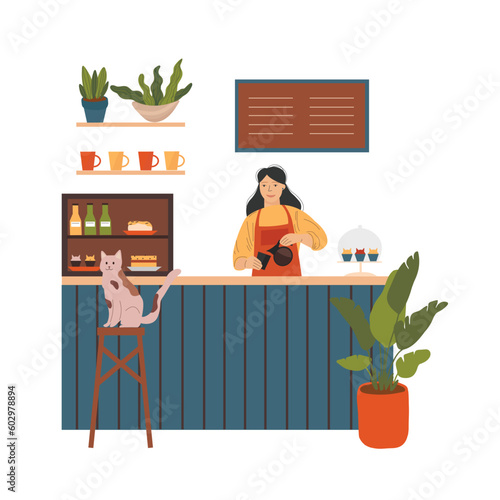 Pets in a cafe. Girl pours coffee at the bar cafe and a cat sits on a chair. flat illustrations on a white background.