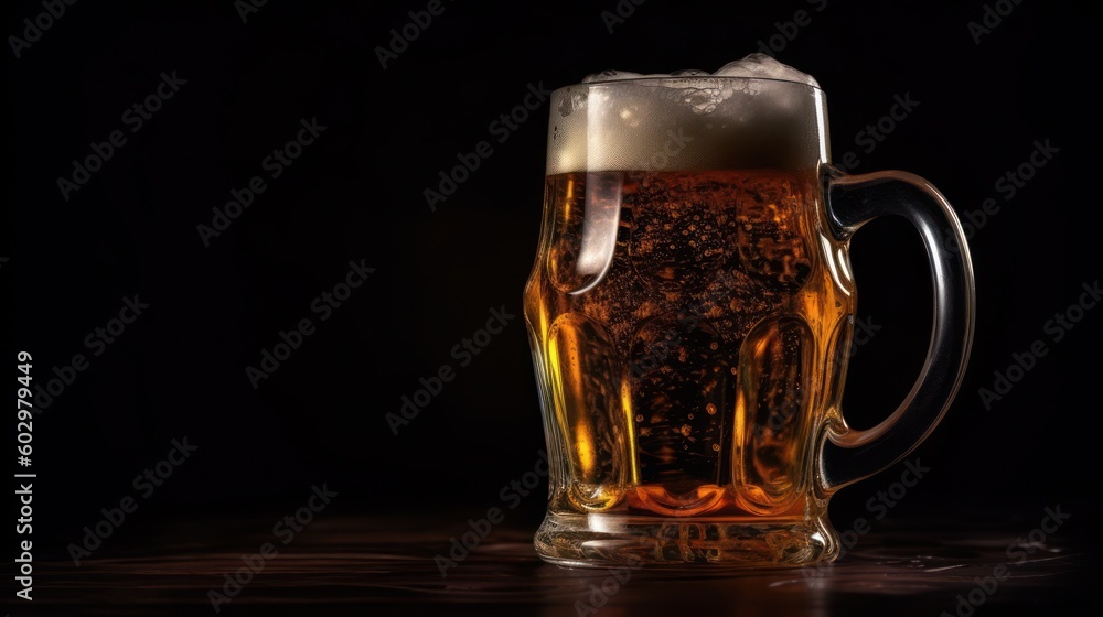 Glass of beer on a wooden table in a pub or restaurant. Generative AI