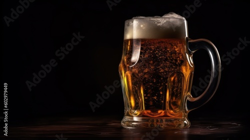 Glass of beer on a wooden table in a pub or restaurant. Generative AI