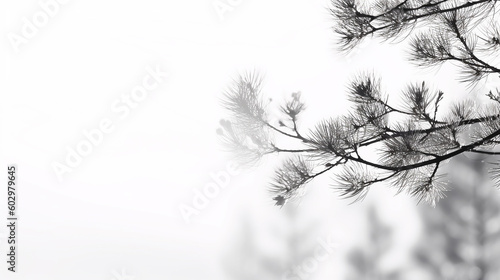 Gray shadow of natural pine tree brunch on a white wall. Abstract nature concept blurred background. Space for text. Overlay effect for photo, posters, stationary, wall art, design. Generative AI