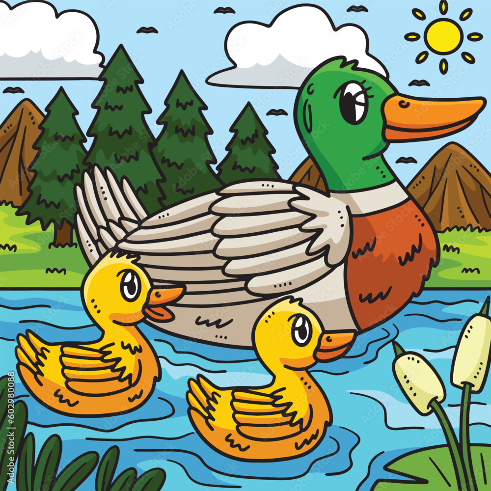 Mother Duck and Duckling Colored Cartoon Mother Duck and Duckling Colored Cartoon