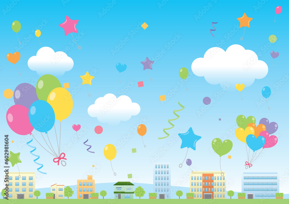 青空に風船が飛んでいる賑やかな街並み