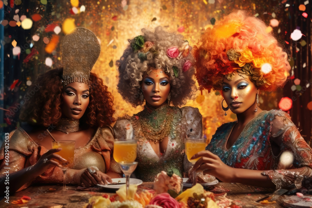 Festive Revelry: Close-Up of Three Gorgeous Latin American Women Wearing Colorful Headdresses and Carnival Costumes, encircled by Diamond Dust Glitter and Confetti at a Table. Generative AI