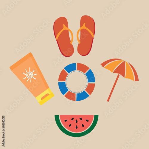 Iconos de verano, accesorios para la plata. Vista superior y de cerca. vector
