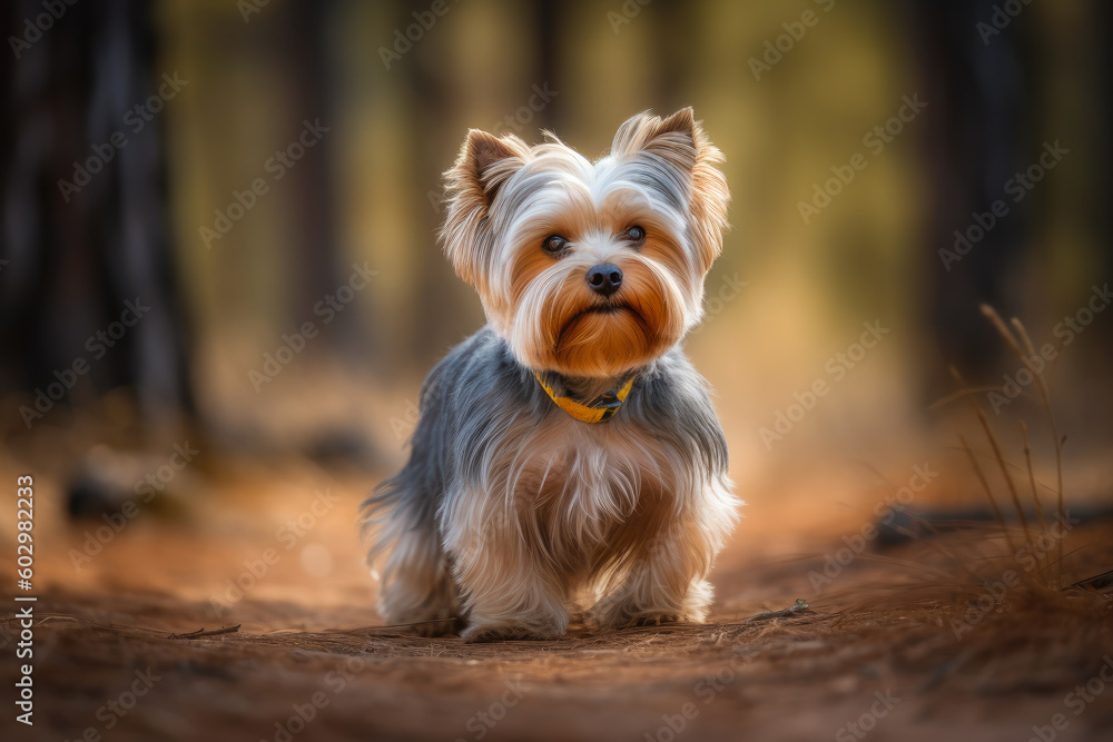Happy Cute Yorkshire Terrier Outdoors Walking in a Park. Generative AI. Happy Cute Yorkshire Terrier Outdoors Walking in a Park. Generative AI.
