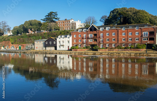 Skyline of the historic quayside of Exeter on the River Exe in Devon at sunrise, UK