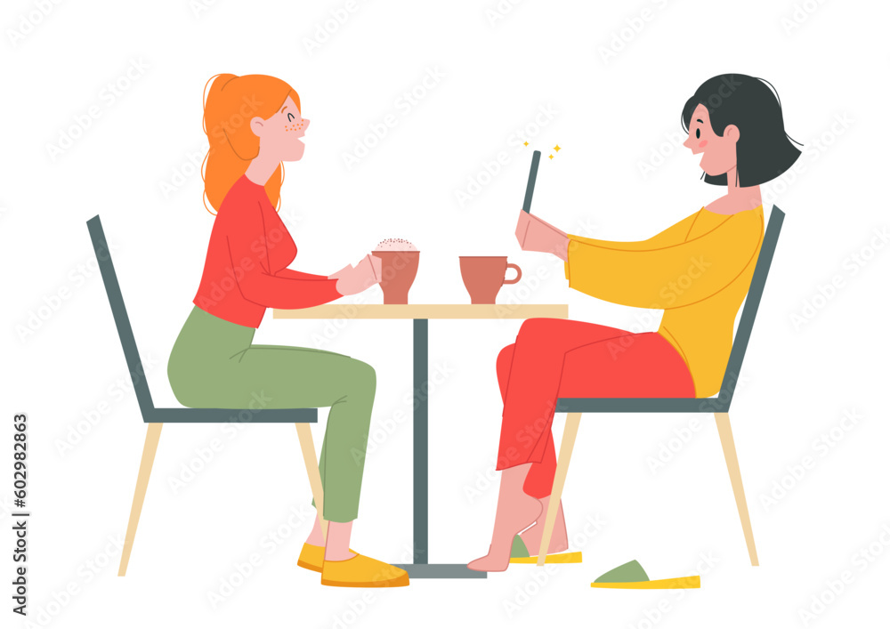 Two girls having fun in a cafe. Flat illustration of a young woman taking photo of her girl friend isolated on a white background. Vector 10 EPS.
